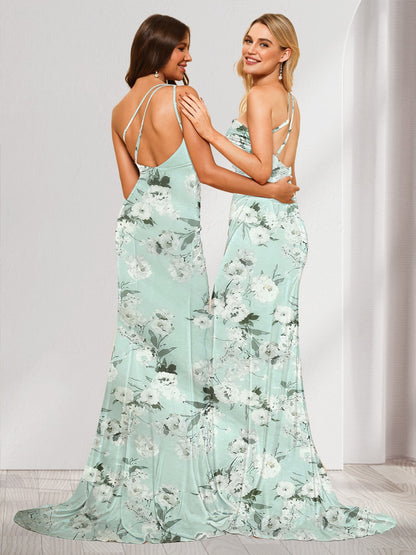 Sheath/Column One-Shoulder Long Floral Bridesmaid Dresses with Split Side