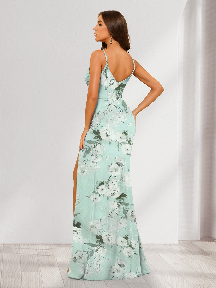 Sheath/Column Spaghetti Straps Long Floral Bridesmaid Dresses with Split Side & Ruched