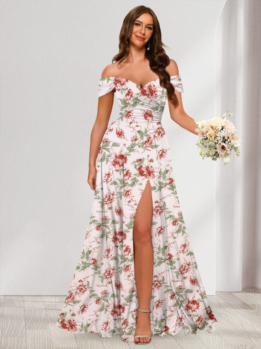 Floor-Length Off-the-Shoulder Long Floral Dresses with Split Side & Ruched