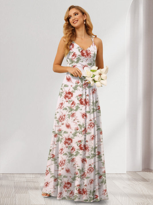 A-Line/Princess V-Neck Long Floral Bridesmaid Dresses with Ruched