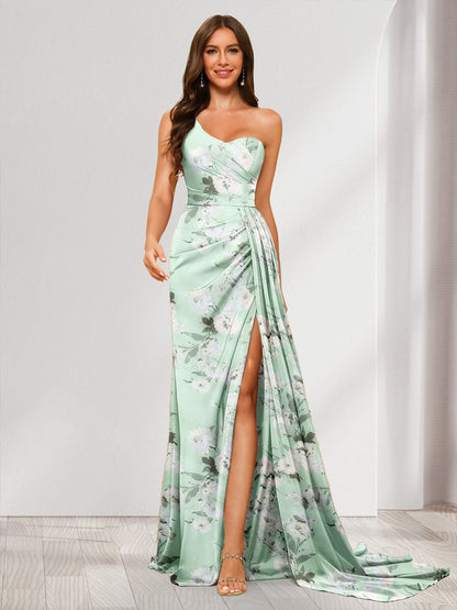 Sheath/Column One-Shoulder Sweetheart Long Floral Dresses with Split Side