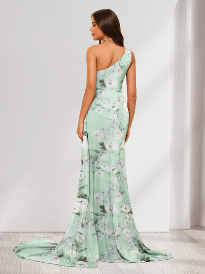 Sheath/Column One-Shoulder Sweetheart Long Floral Dresses with Split Side