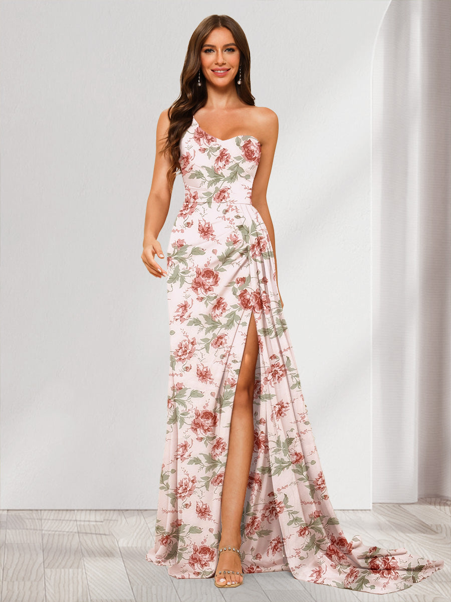 Sheath/Column One-Shoulder Sweetheart Long Floral Dresses with Split Side