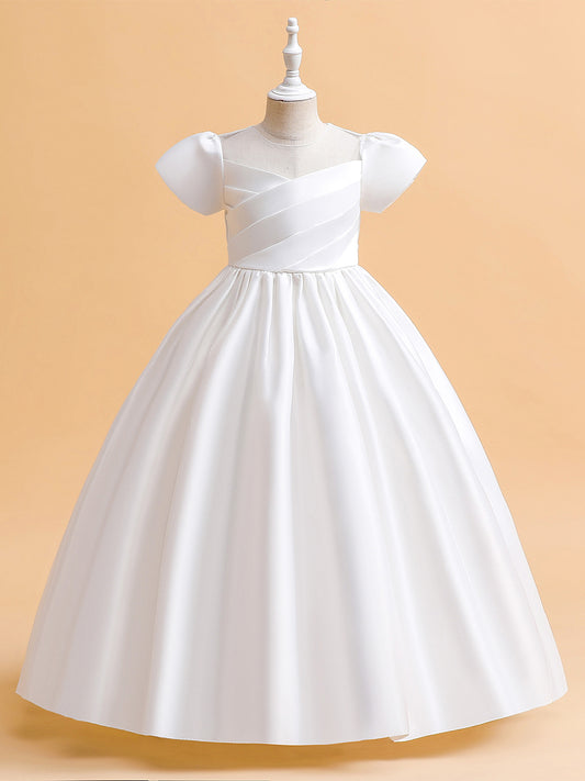 Ball Gown Scoop Puff Sleeves Flower Girl Dresses with Ruched