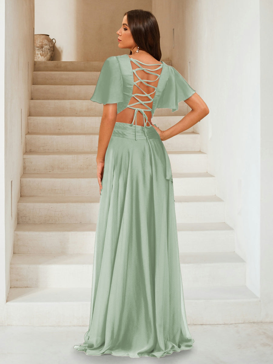 A-Line/Princess V-Neck Short Sleeves Long Bridesmaid Dresses with Split Side