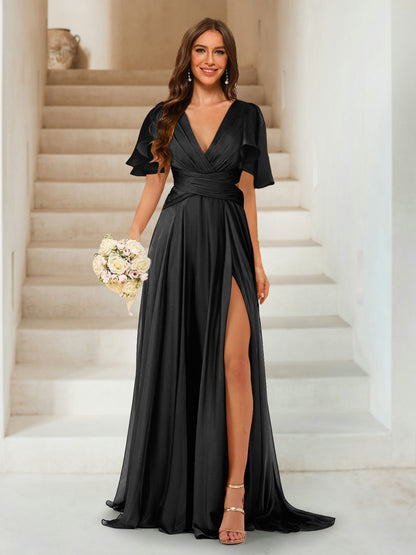 A-Line/Princess V-Neck Short Sleeves Long Bridesmaid Dresses with Split Side