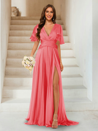 A-Line/Princess V-Neck Short Sleeves Long Bridesmaid Dresses with Split Side