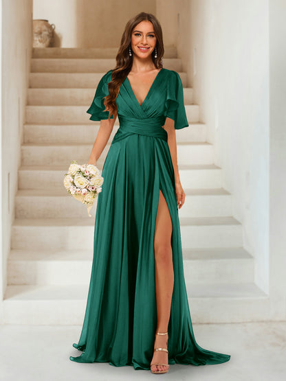 A-Line/Princess V-Neck Short Sleeves Long Bridesmaid Dresses with Split Side