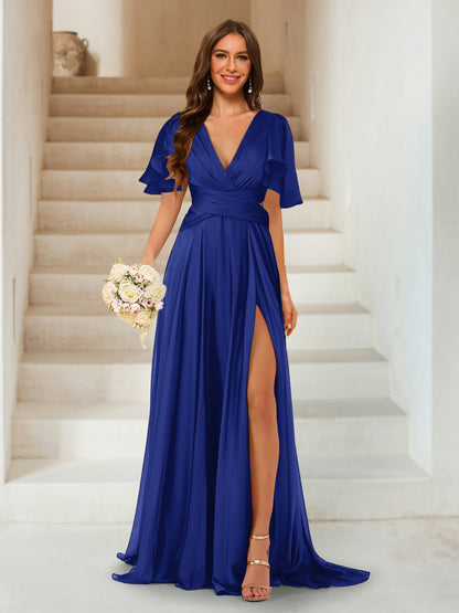 A-Line/Princess V-Neck Short Sleeves Long Bridesmaid Dresses with Split Side