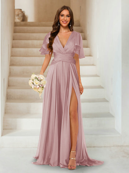 A-Line/Princess V-Neck Short Sleeves Long Bridesmaid Dresses with Split Side