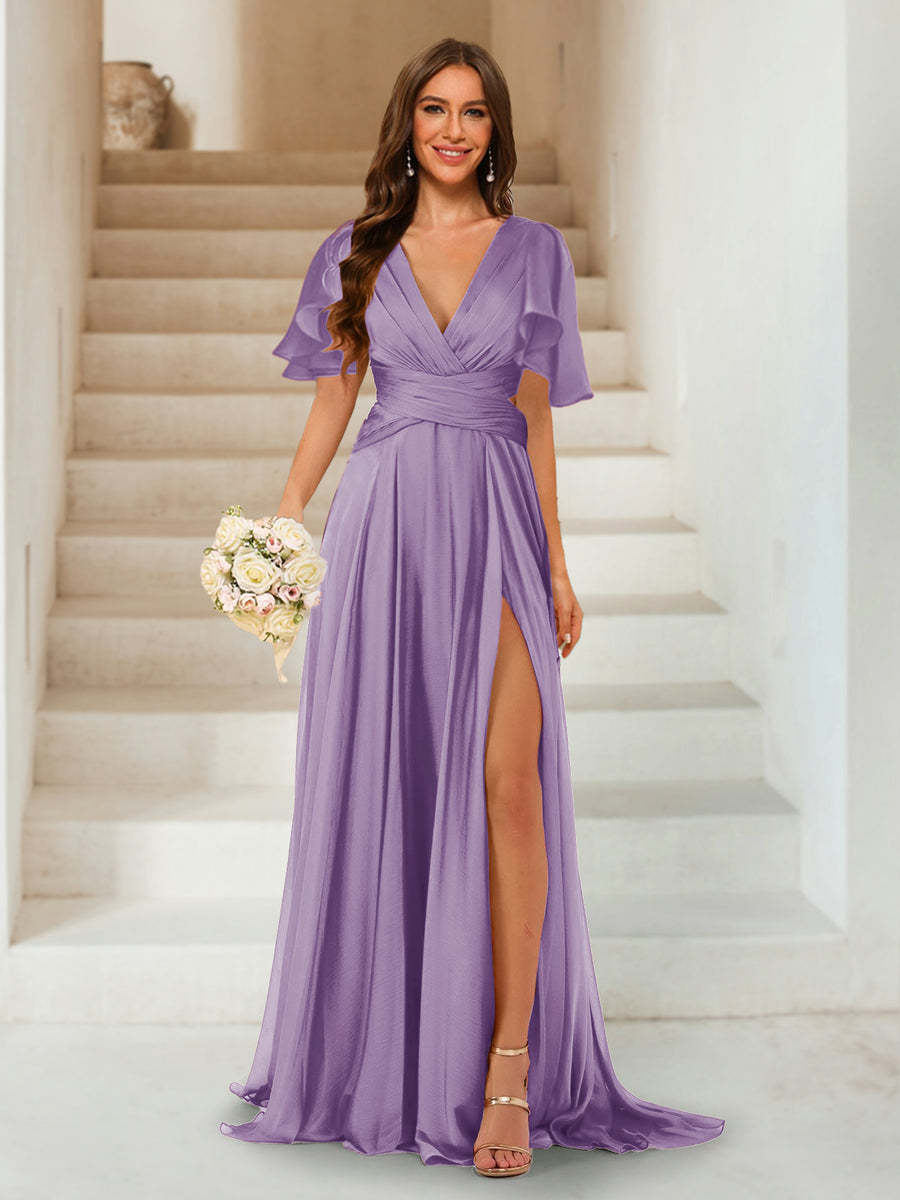 A-Line/Princess V-Neck Short Sleeves Long Bridesmaid Dresses with Split Side