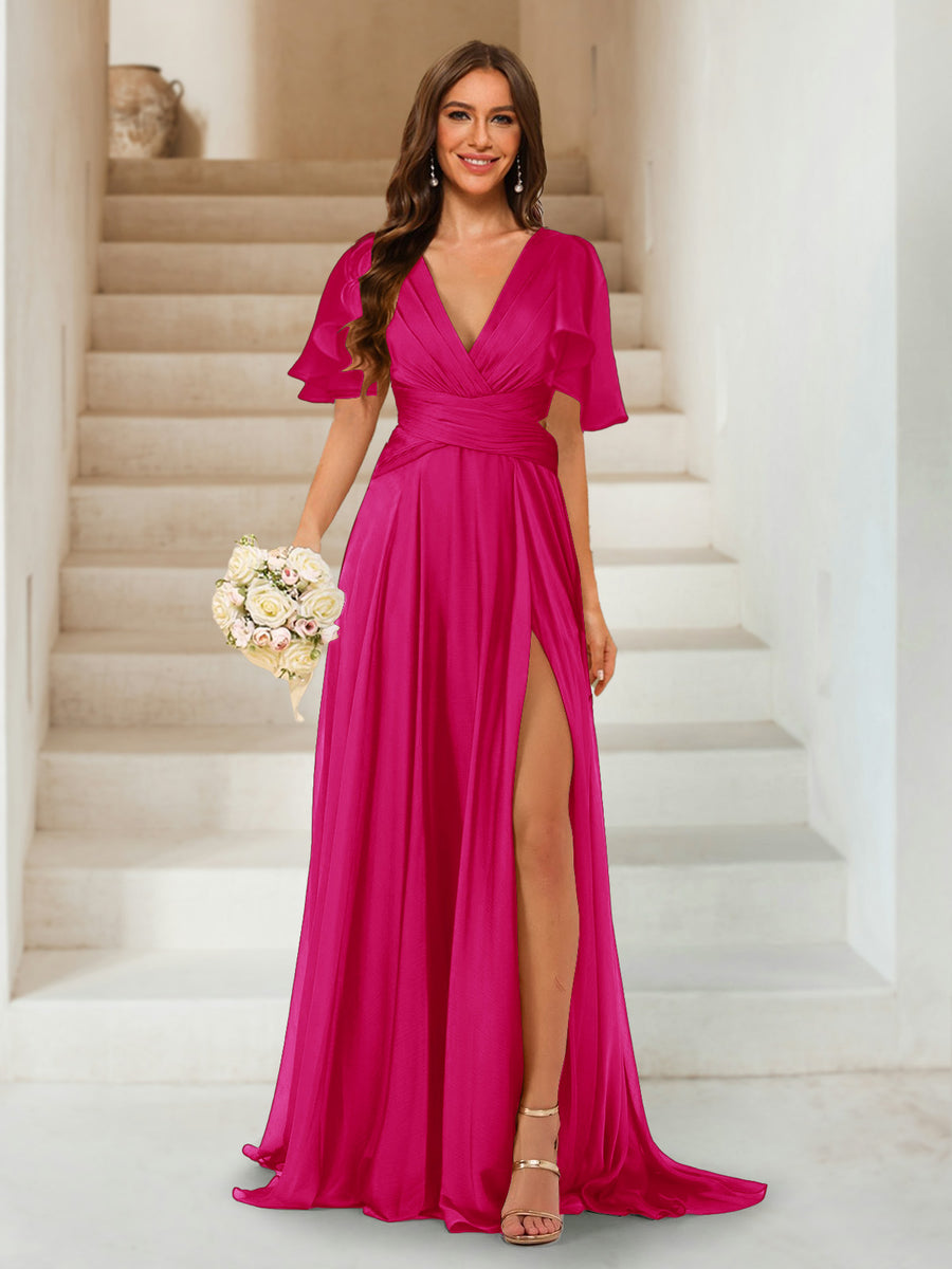 A-Line/Princess V-Neck Short Sleeves Long Bridesmaid Dresses with Split Side