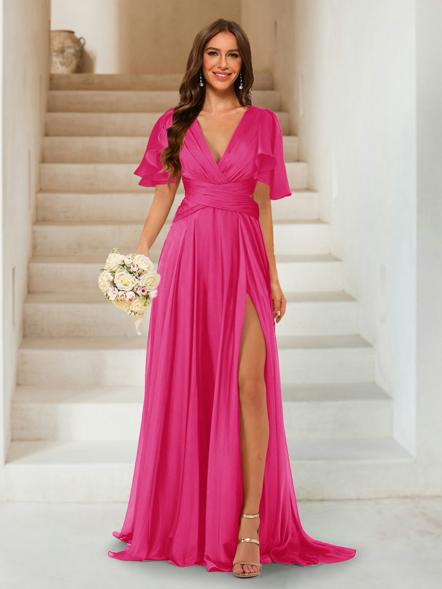 A-Line/Princess V-Neck Short Sleeves Long Bridesmaid Dresses with Split Side