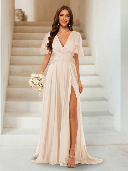 A-Line/Princess V-Neck Short Sleeves Long Bridesmaid Dresses with Split Side