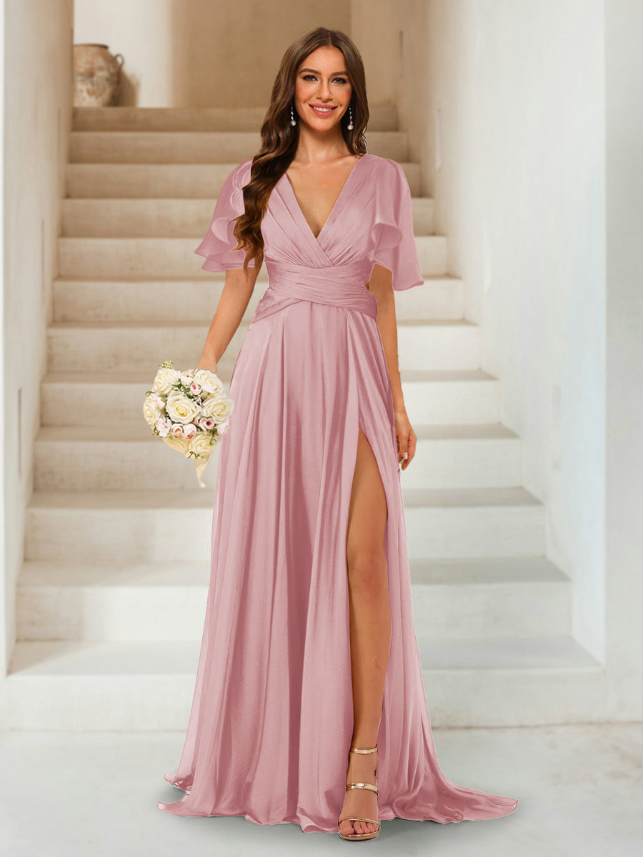 A-Line/Princess V-Neck Short Sleeves Long Bridesmaid Dresses with Split Side