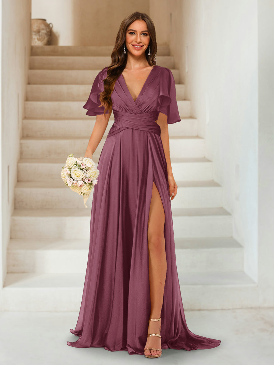 A-Line/Princess V-Neck Short Sleeves Long Bridesmaid Dresses with Split Side