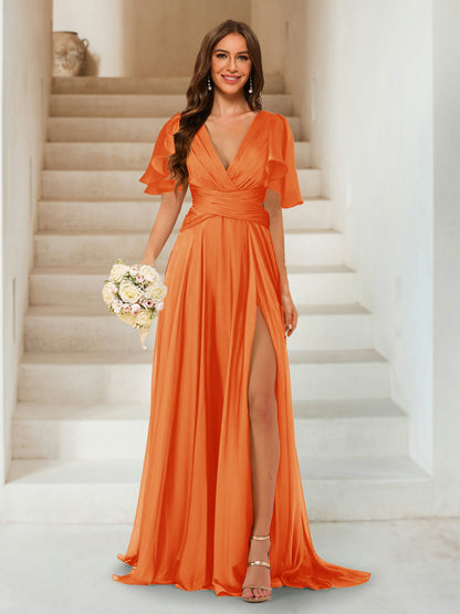 A-Line/Princess V-Neck Short Sleeves Long Bridesmaid Dresses with Split Side