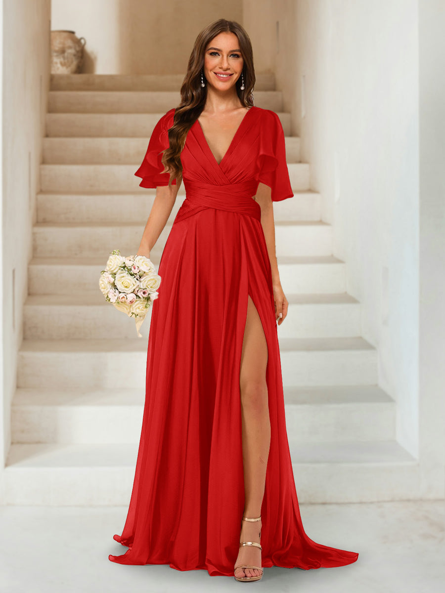 A-Line/Princess V-Neck Short Sleeves Long Bridesmaid Dresses with Split Side