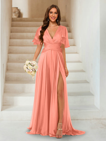 A-Line/Princess V-Neck Short Sleeves Long Bridesmaid Dresses with Split Side