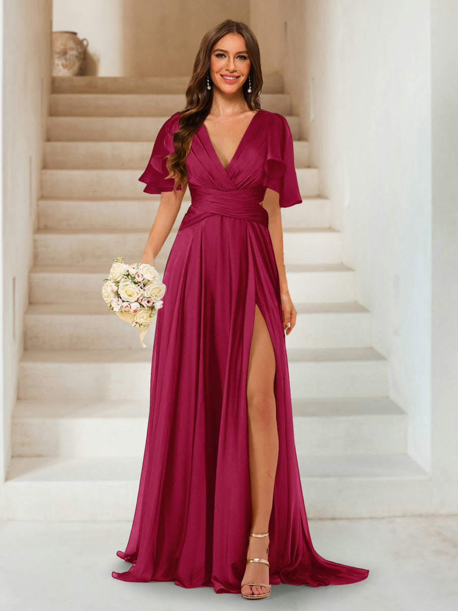 A-Line/Princess V-Neck Short Sleeves Long Bridesmaid Dresses with Split Side