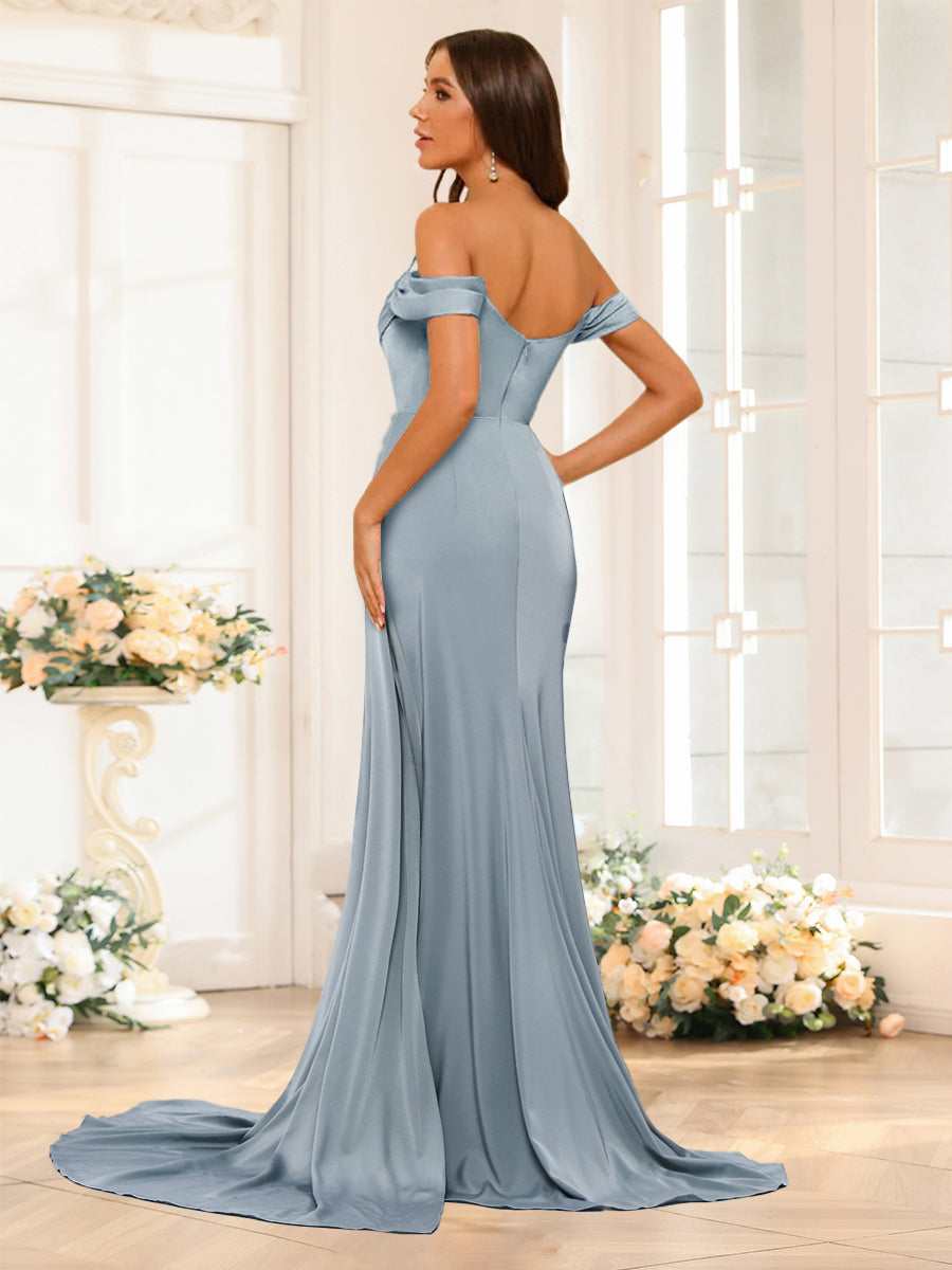 Floor-Length Off-the-Shoulder Long Formal Dresses with Split Side & Ruched