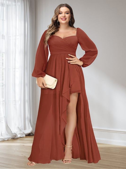 A-Line/Princess Sweetheart Long Sleeves Asymmetrical Ruched Plus Size Bridesmaid Dresses