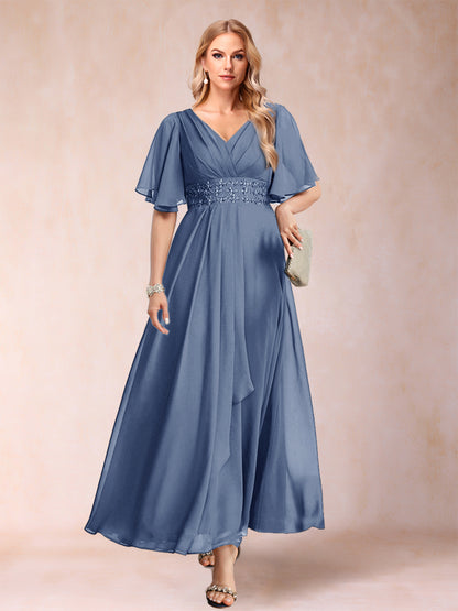 A-Line/Princess V-Neck Short Sleeves Mother of the Bride Dresses with Ruffles