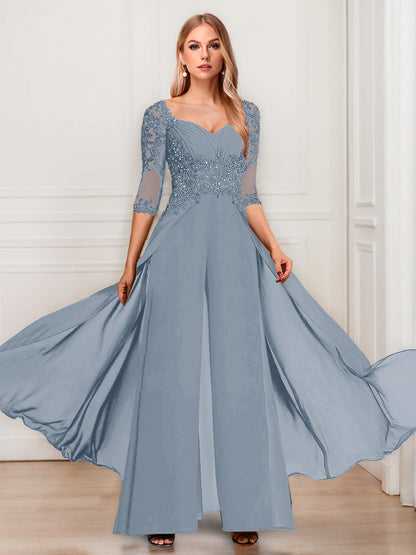 Chiffon V-Neck Half Sleeves Mother of the Bride Pantsuits with Applique