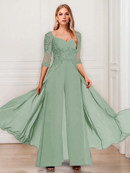 Chiffon V-Neck Half Sleeves Mother of the Bride Pantsuits with Applique