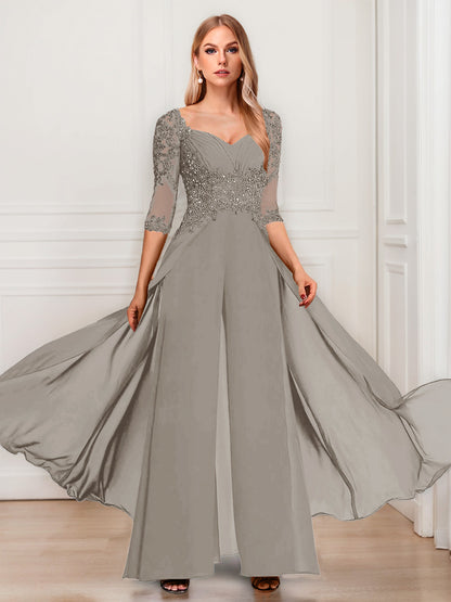 Chiffon V-Neck Half Sleeves Mother of the Bride Pantsuits with Applique