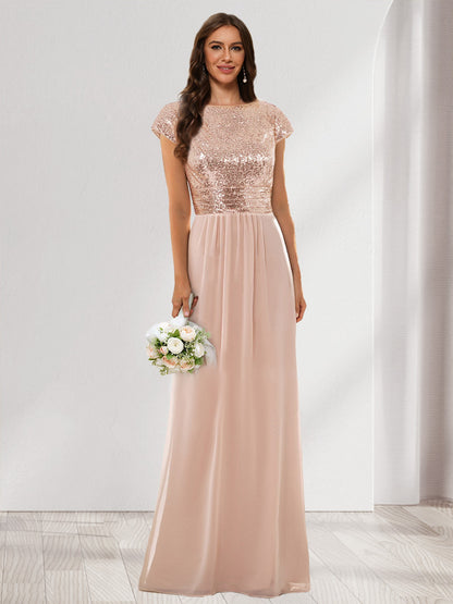 A-Line/Princess Scoop Short Sleeves Sequins Bridesmaid Dresses