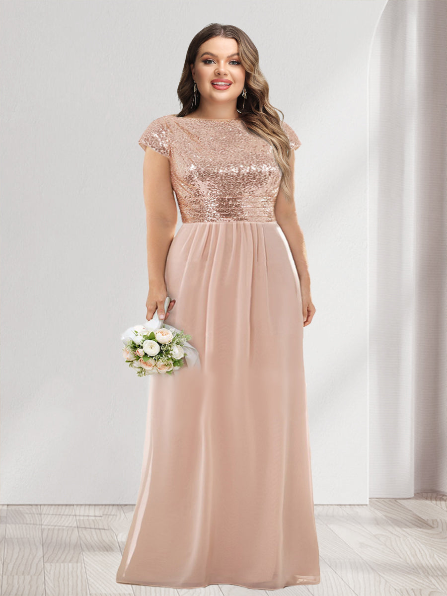 A-Line/Princess Scoop Short Sleeves Sequins Plus Size Bridesmaid Dresses