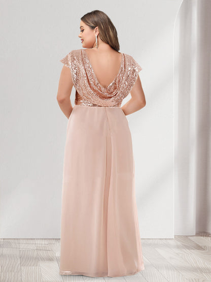 A-Line/Princess Scoop Short Sleeves Sequins Plus Size Bridesmaid Dresses