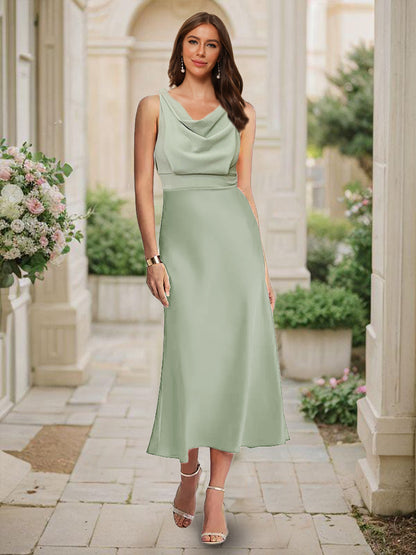 Trumpet/Mermaid Cowl Neck Sleeveless Tea-Length Ruched Bridesmaid Dresses