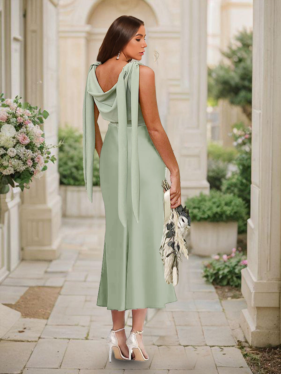 Trumpet/Mermaid Cowl Neck Sleeveless Tea-Length Ruched Bridesmaid Dresses