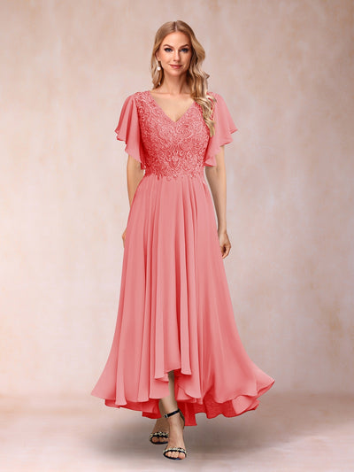 A-Line/Princess V-Neck Short Sleeves Long Evening Dresses with Appliques