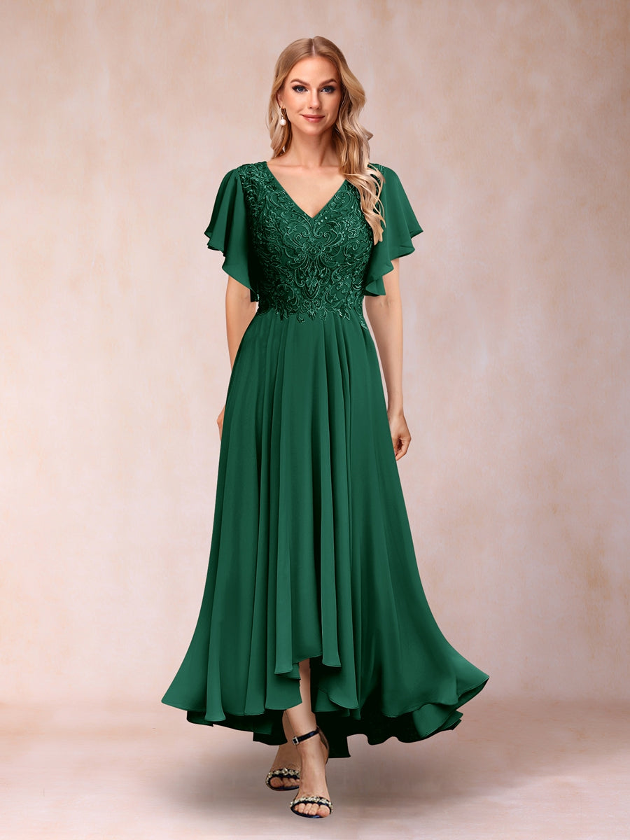 A-Line/Princess V-Neck Short Sleeves Long Evening Dresses with Appliques