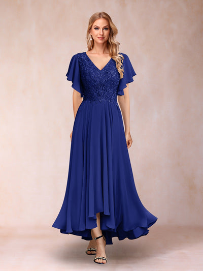 A-Line/Princess V-Neck Short Sleeves Long Evening Dresses with Appliques