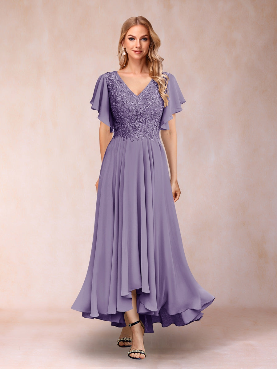 A-Line/Princess V-Neck Short Sleeves Long Evening Dresses with Appliques