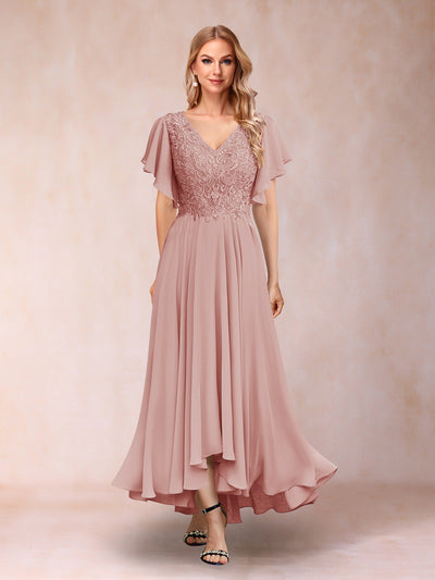 A-Line/Princess V-Neck Short Sleeves Long Evening Dresses with Appliques