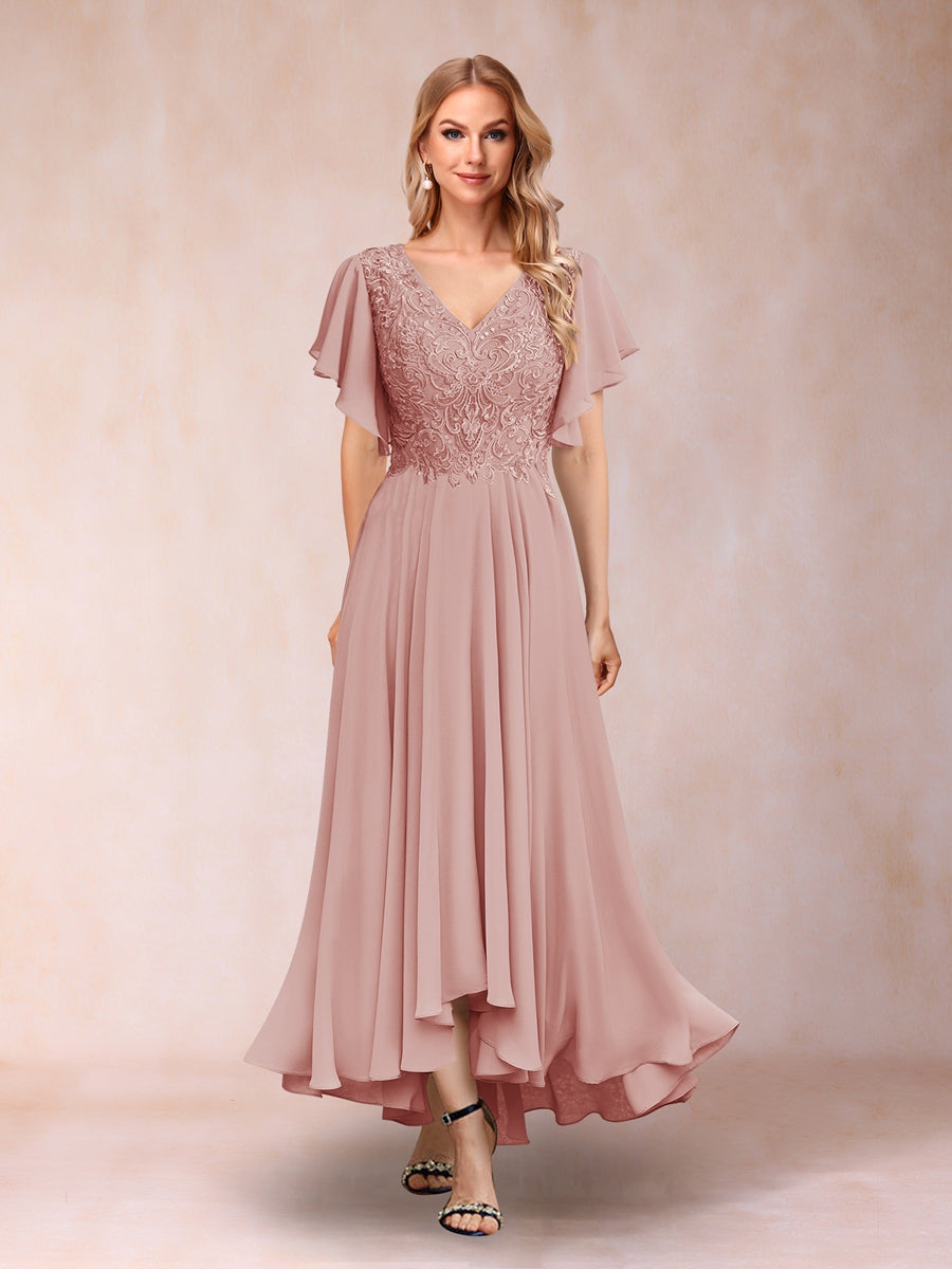 A-Line/Princess V-Neck Short Sleeves Long Evening Dresses with Appliques