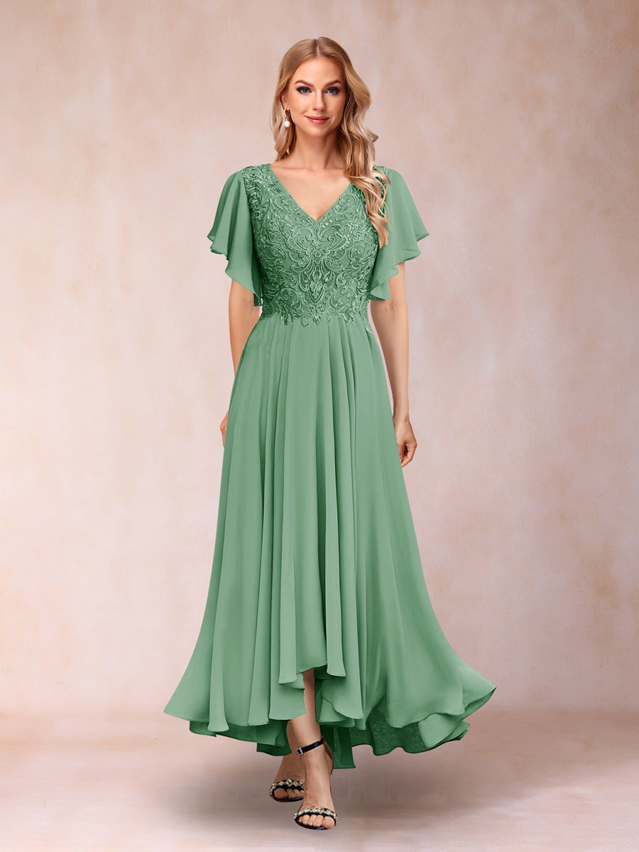 A-Line/Princess V-Neck Short Sleeves Long Evening Dresses with Appliques