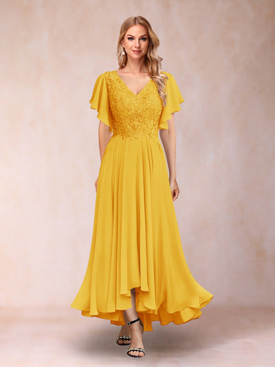 A-Line/Princess V-Neck Short Sleeves Long Evening Dresses with Appliques