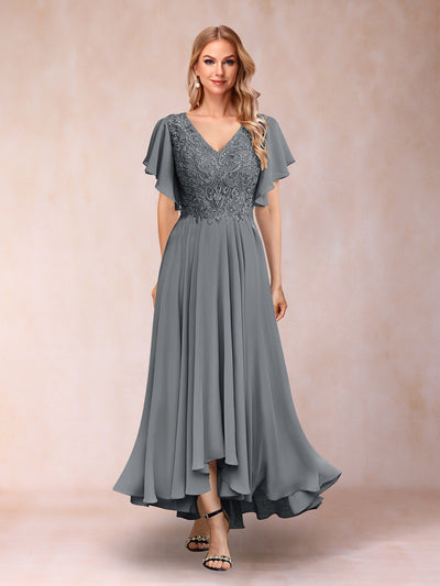 A-Line/Princess V-Neck Short Sleeves Long Evening Dresses with Appliques