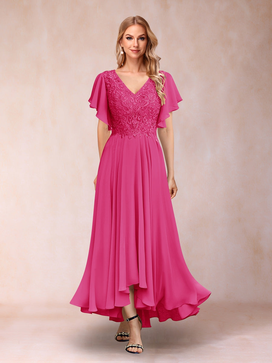 A-Line/Princess V-Neck Short Sleeves Long Evening Dresses with Appliques