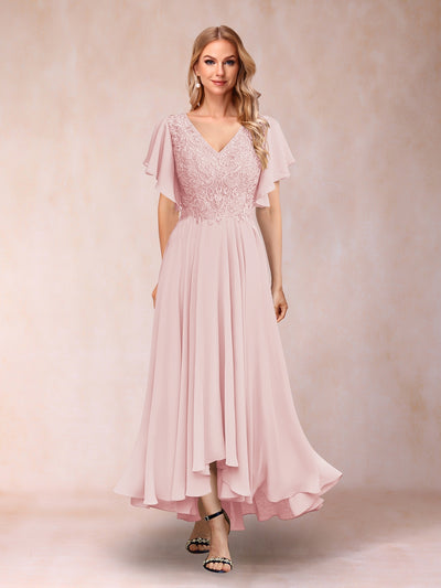 A-Line/Princess V-Neck Short Sleeves Long Evening Dresses with Appliques