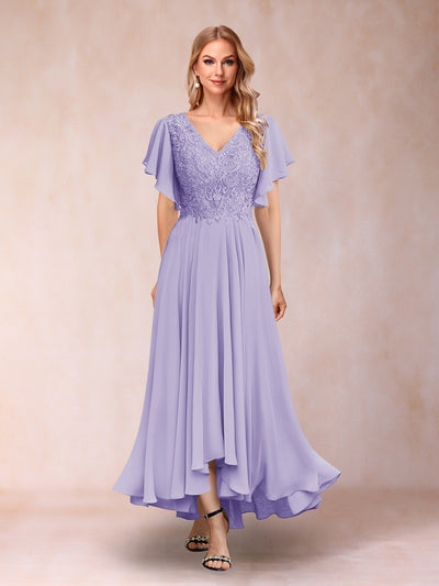 A-Line/Princess V-Neck Short Sleeves Long Evening Dresses with Appliques