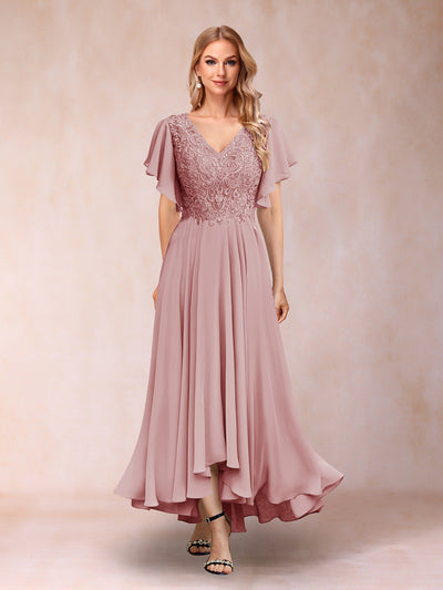 A-Line/Princess V-Neck Short Sleeves Long Evening Dresses with Appliques