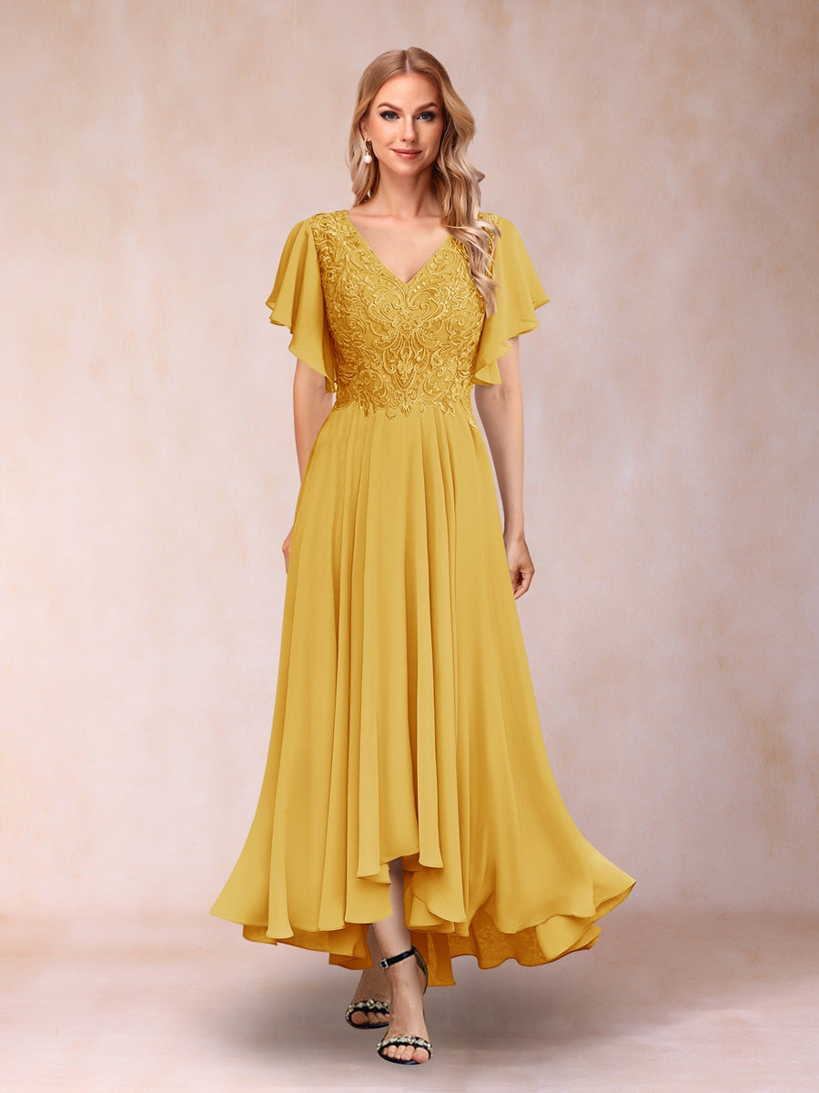 A-Line/Princess V-Neck Short Sleeves Long Evening Dresses with Appliques