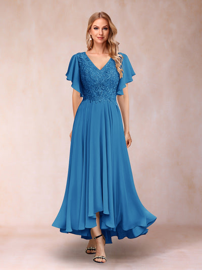 A-Line/Princess V-Neck Short Sleeves Long Evening Dresses with Appliques